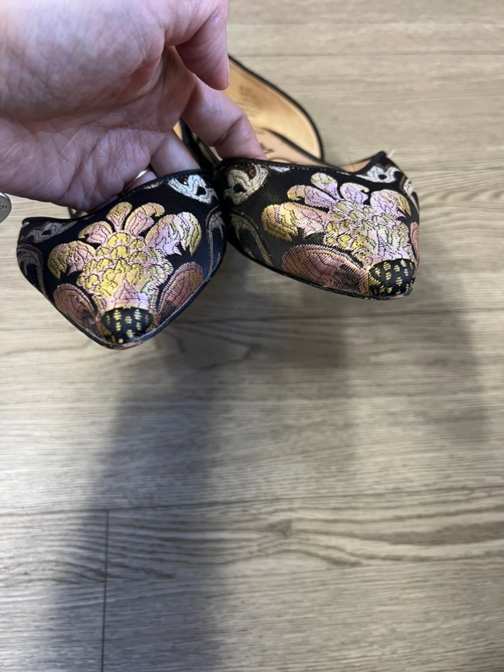 Sam Edelman Black Pointed D'Orsay Flats with Pink and Gold Floral Embroidery - Picture 5 of 12